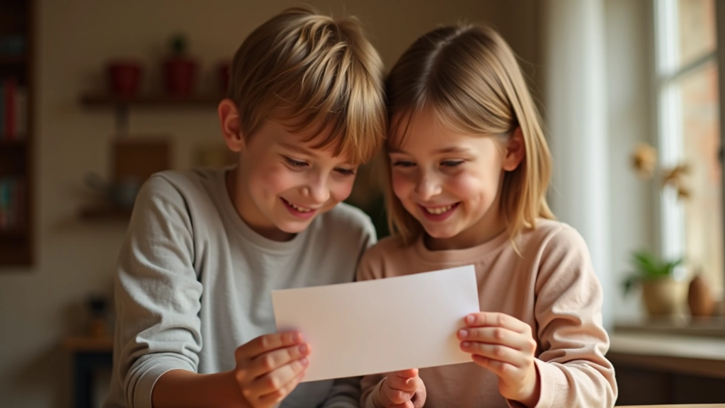 Parent et enfant tenant ensemble une enveloppe contenant un don, moment de transmission et partage, intérieur chaleureux