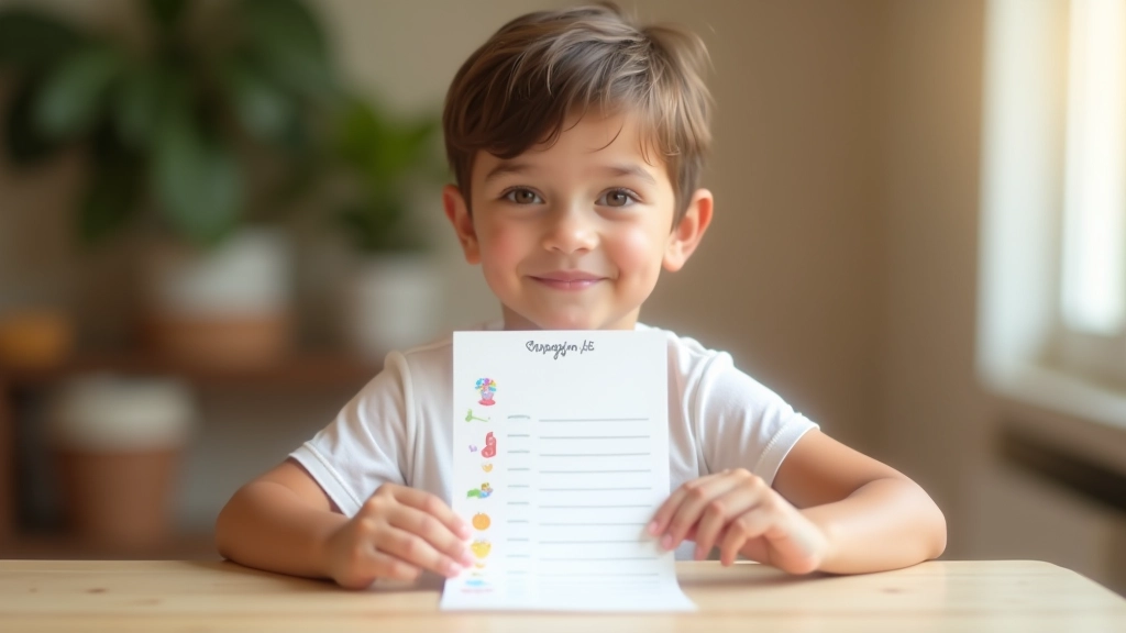Enfant utilisant une liste de courses illustrée avec des symboles de besoins et d'envies