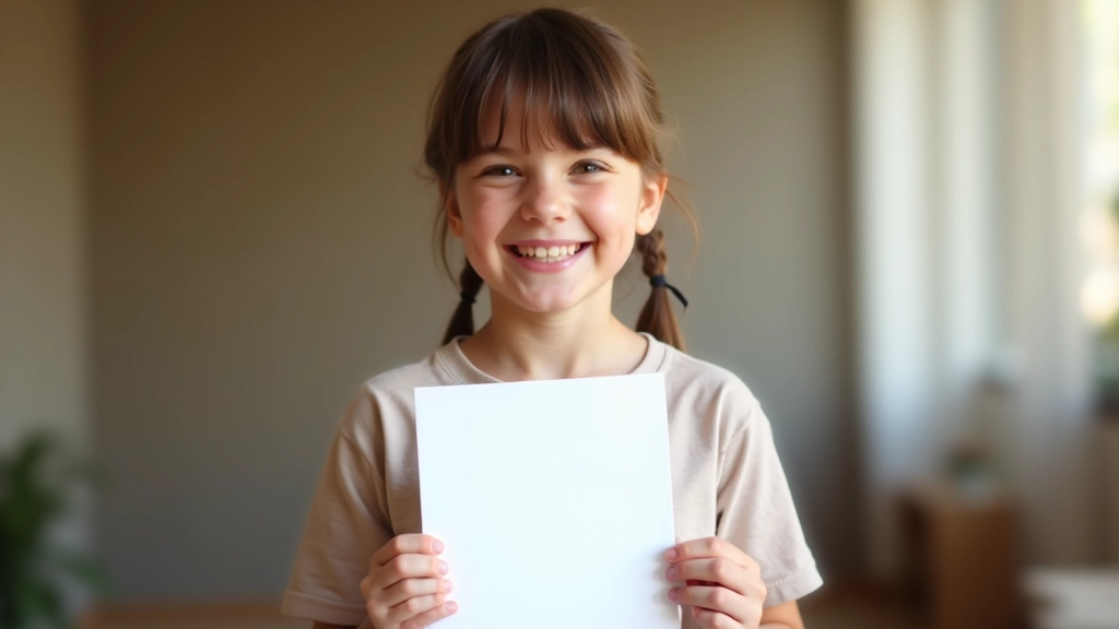 Enfant souriant tenant un certificat de don ou remerciement d'une association, expression de fierté et satisfaction