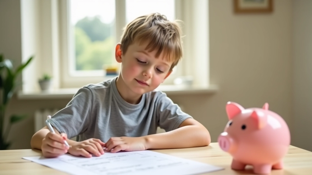 Enfant de 12 ans avec liste de tâches à côté d'une tirelire, étudiant les règles écrites du contrat familial