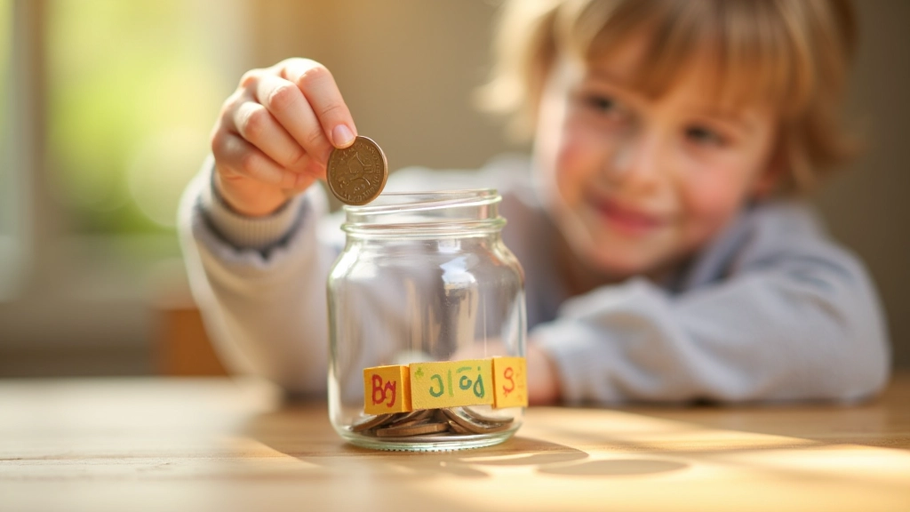 Enfant plaçant une pièce dans un bocal d'épargne transparent avec des objectifs écrits sur une étiquette colorée