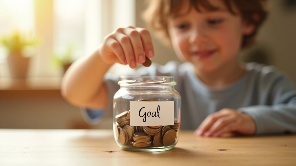 Enfant versant des pièces dans un bocal étiqueté avec son objectif d'épargne écrit à la main