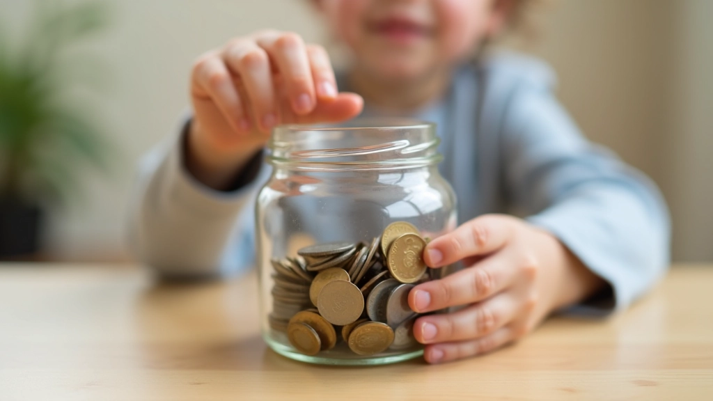 Enfant mettant des pièces dans un bocal transparent