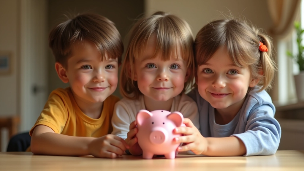 Enfants collaborant ensemble pour remplir une tirelire partagée, montrant l'entraide et la solidarité entre enfants