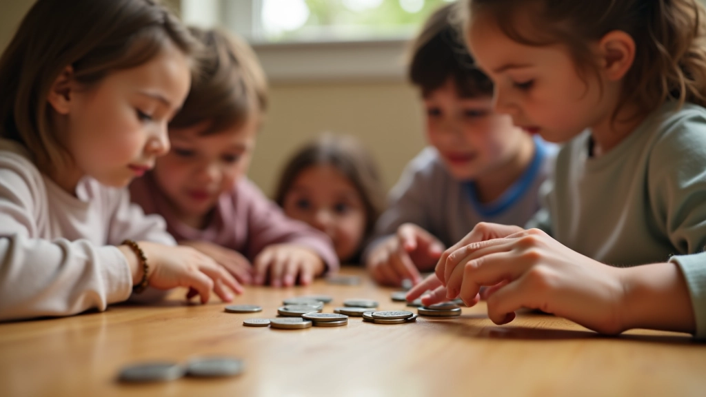 Enfants comptant leur argent de poche autour d'une table