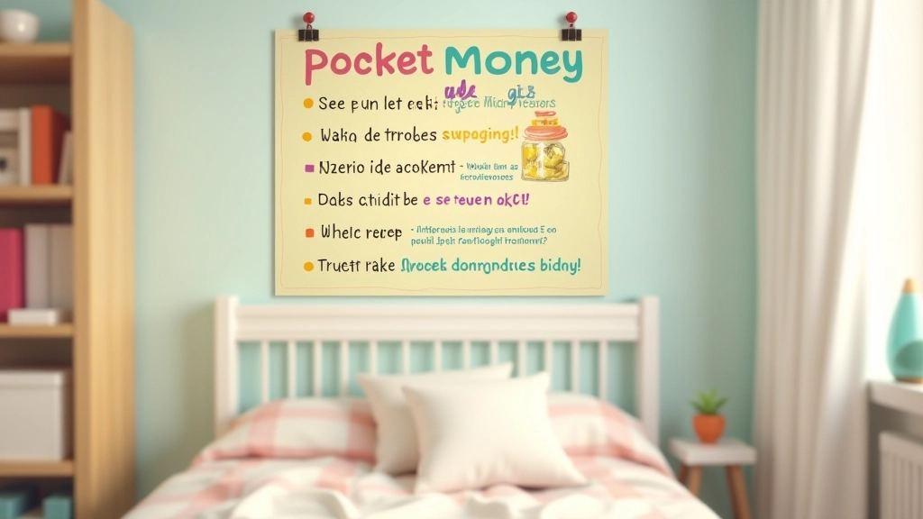 Tableau avec règles d'argent de poche écrites en gros caractères colorés, affiché dans une chambre d'enfant