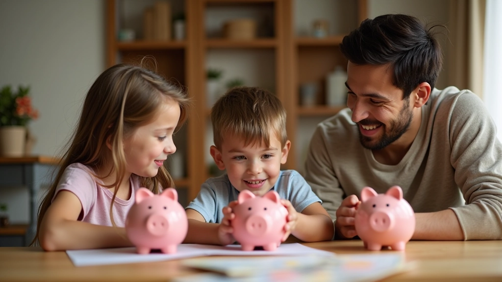 Famille française apprenant ensemble la gestion financière avec des bocaux d'épargne colorés