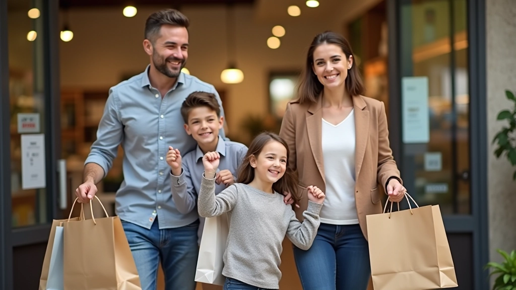 Famille heureuse sortant du supermarché avec des sacs de courses raisonnables