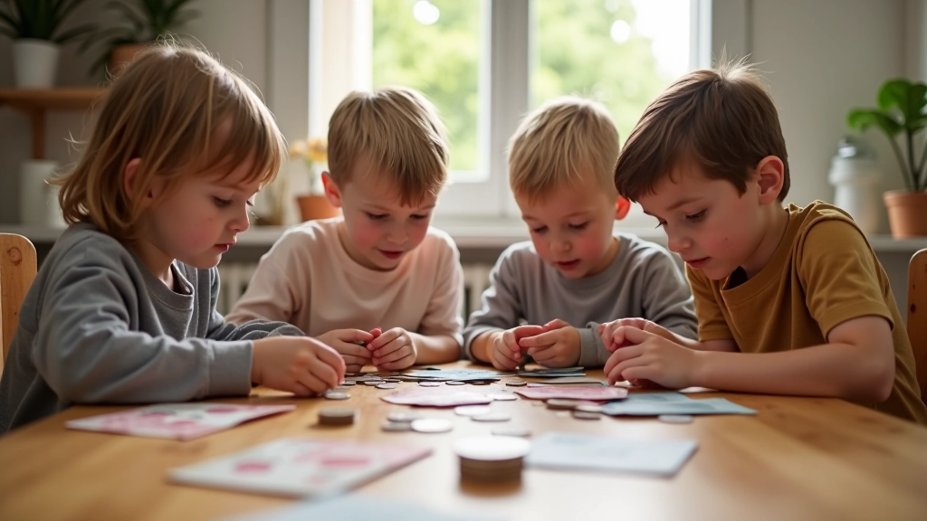 Enfants de différents âges comptant ensemble des pièces et billets autour d'une table