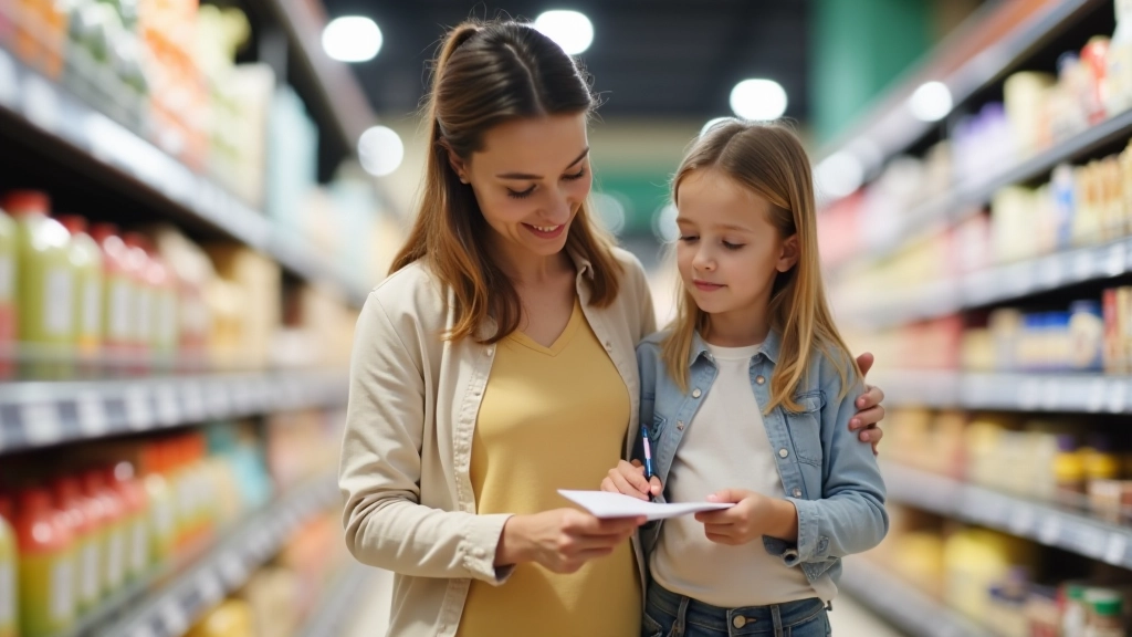 Mère et enfant dans un supermarché, examinant une liste de courses écrite
