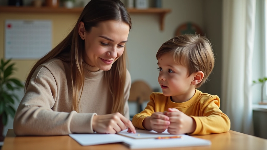 Parent et enfant discutant devant un calendrier financier avec des objectifs d'épargne tracés sur le mur