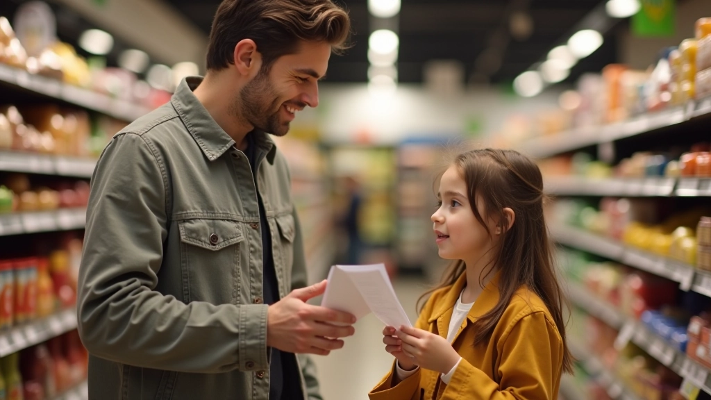 Enfant et parent discutant au magasin, pointant les articles avec liste de courses entre les mains