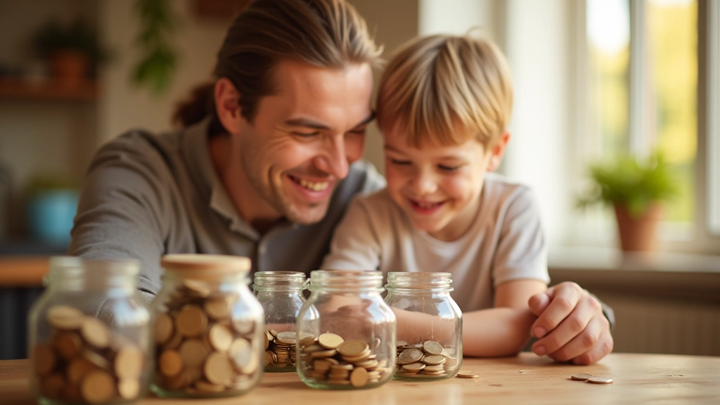 Parent et enfant souriant en regardant les bocaux d'épargne remplis de pièces sur une étagère, lumière naturelle chaleureuse
