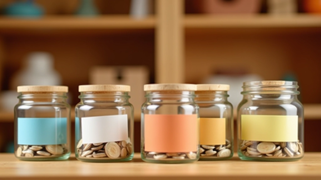 Rangée de bocaux de différentes tailles avec des étiquettes de couleur selon le type d'épargne, sur une surface en bois clair