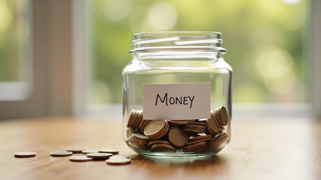 Gros plan d'un bocal transparent rempli de pièces de monnaie de différentes valeurs avec une étiquette écrite à la main